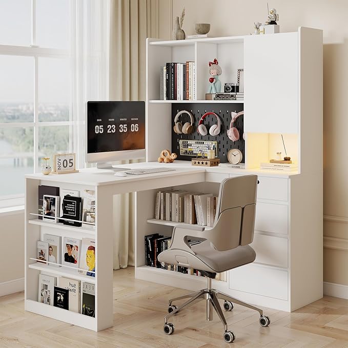 L Shaped Desk with Hutch and 4 Drawers Computer Desk with USB Ports Power Outlets &amp LED Light Wood Corner Computer Desks with Storage Shelves for Home Office White Left Long