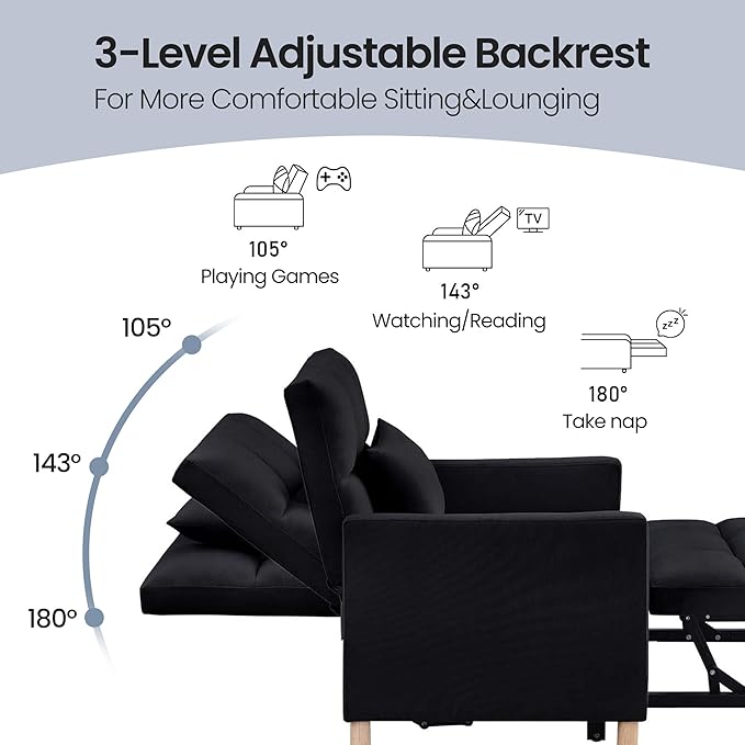 70'' Convertible Chair Bed Extra Long Teddy Fabric Single Pull Out Sofa 4 in 1 Adult Sleeping Recliner With Pillow Adjustable Backrest Black