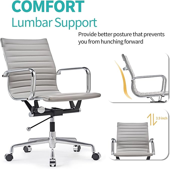Mid Back Support with Arm Rest Office Ergonomic Adjustable Swivel Vegan Leather Desk Receptionist Chairs -Grey