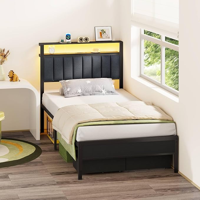 Furnulem Twin Bed Frames with Charging Station and LED Lights Grey Upholstered Headboard with Shelves Metal Platform Bed with 2 Under-Bed Storage (Fabric Drawer on Wheels) No Box Spring Needed