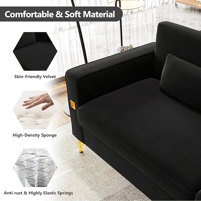 85.63'' Mid-Century Modern Black Velvet Sofa Couch with Metal Gold Legs 3 Seater Tufted Loveseat Couches with 2 Lumbar Pillows for Living Room and Apartment