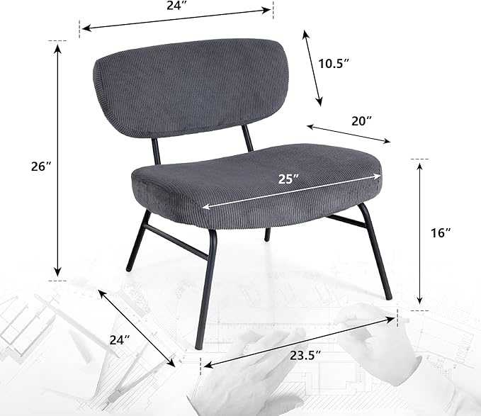 Sophia &amp William Living Room Chairs Accent Chair Leisure Chair Low Back Corduroy Metal Wide Seat 25” Reception Chair for Livining Room Bedroom Metal Leg Grey