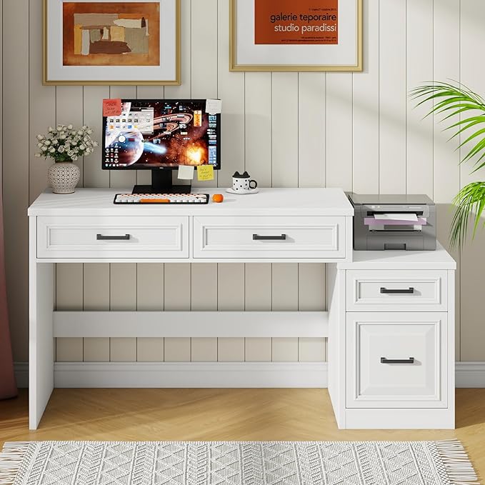 Vabches 61 Farmhouse Computer Desk with Storage and File Drawer Executive Desks with Printer Stand Rustic Large Home Writing Desk for Home Office.White