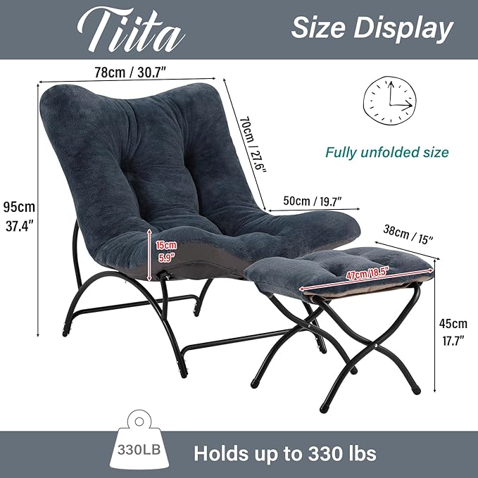 Tiita Accent Lazy Chair with Ottoman Comfy Lounge Chair with Metal Frame and Plush Fabric Thick Cushion Seated Cozy Recliner Chair for Reading Room Living Room Bedroom Office Dark Gray