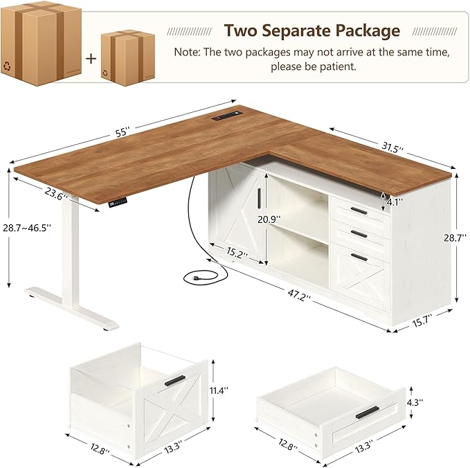 Farmhouse L Shaped Electric Standing Desk with File Cabinet 55 inch Height Adjustable Computer Desk with Drawers ＆ Storage Shelves Corner Standing Desk with Power Outlets Brown and White