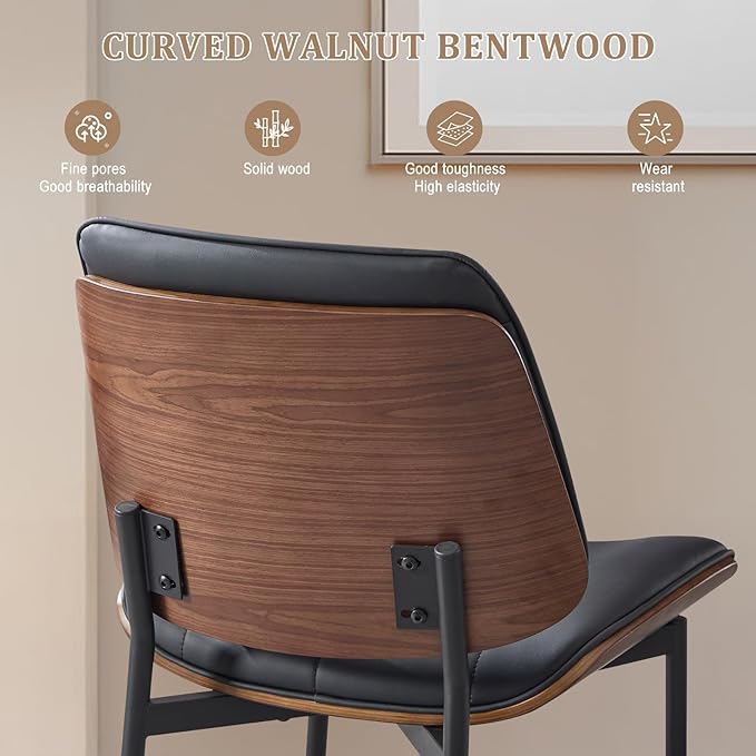 BV Mid Century Modern Dining Chairs Set of 4 Upholstered Pu Leather Armless Accent Chair with Walnut Bentwood Back Retro Kitchen Chair for Dining Room Living Room Kitchen Black