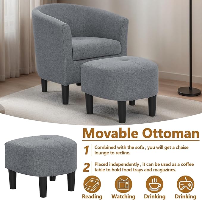 25” Fabric Upholstered Accent Chairs with Ottoman Comfy Barrel Chair with Tufted Seat for Adults Cozy Reading Chairs with Round Back for Living Room Bedroom Small Spaces (Gray) (Gray)