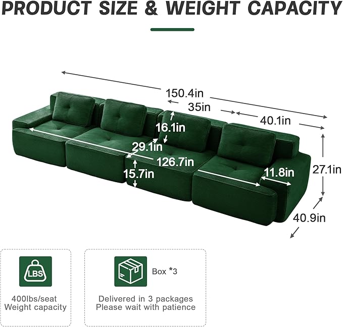 150.4'' Sectional Sofa 32D Foam Corduroy Boneless Couch with Pillow Deep Seat Wide Arm Sectional Couch for Apartment Living Room Bedroom