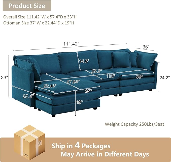 111.42 Modular Sectional Sofa Convertible Modern L Shaped Sofa Blue Chenille Deep Seat Cloud Couches Set with Ottoman for Living Room Bedroom Apartment Office 3 Seater