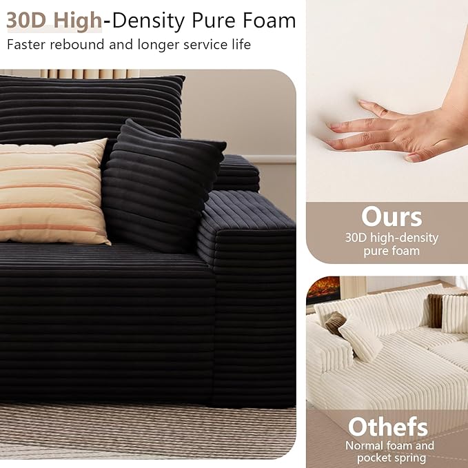 135.4 Cloud Sectional Couch with L-Shape Chaise Modern Corduroy Boneless Deep Seat Sofa 4-Seater Modular Sleeper Couch for Living Room Bedroom Apartment No Assembly (Black Left-Facing Chaise)
