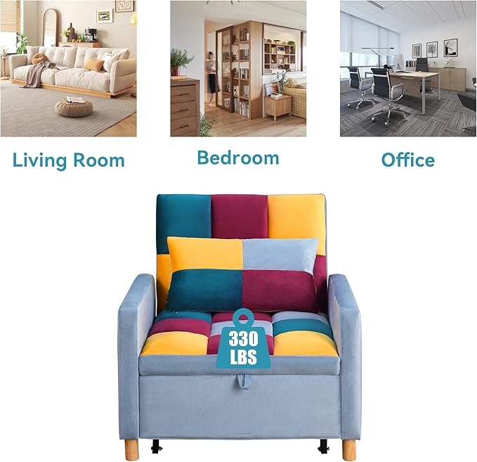 Sleeper Sofa Bed 3-in-1 Convertible Chair Bed Multi-Functional Sleeper Chair Soft Teddy Fabric for Living Room Apartment Office (Color-Velvet)