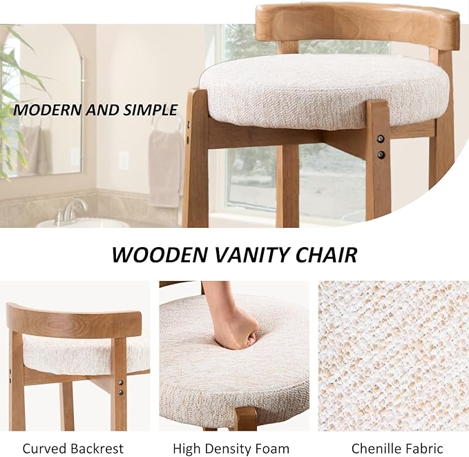 HEAH-YO Wood Vanity Chair with Back Chenille Upholstered Small Ottoman Footstool Mid-Century Modern Makeup Chair with Solid Wood Legs for Makeup Room Bedroom Living Room Beige