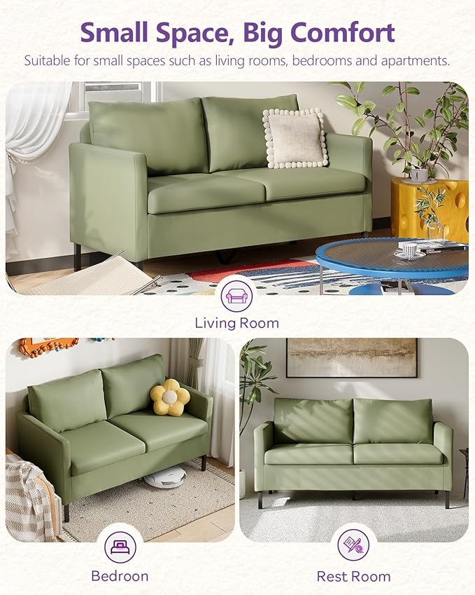 TYBOATLE Faux Leather Modern Small Couches for Small Spaces Comfy Upholstered Love Seat for Bedroom 2 Seater Mini Couch for Apartment Dorm Office Green