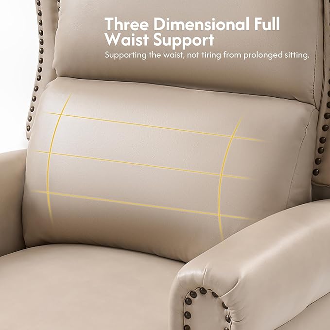 Pushback Recliner Chair Mid Century Modern Upholstered Faux Leather Recliner Single Sofa Accent Chair with Wood Legs and Rivet Decoration for Living Room Bedroom Beige