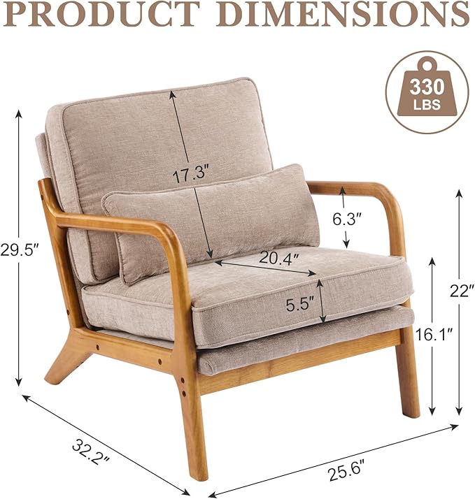 Karl home Mid Century Modern Accent Chair with Lumbar Pillow &amp Oak Arms – Plush Chenille Living Room Chair for Bedroom Lounge (Khaki)