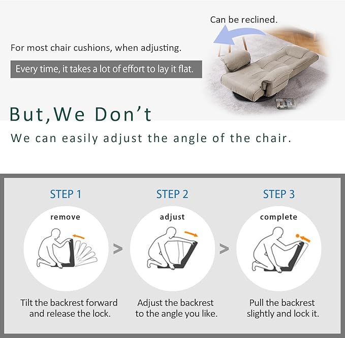 FLOGUOR 360 Degree Swivle Adjustable Floor Chair Chaise Lounge Indoor Folding Lazy Sofa with Armrests and Side Pocket Adults Gaming Chairs for Living Room Bedroom Factory Price 201 (BE)
