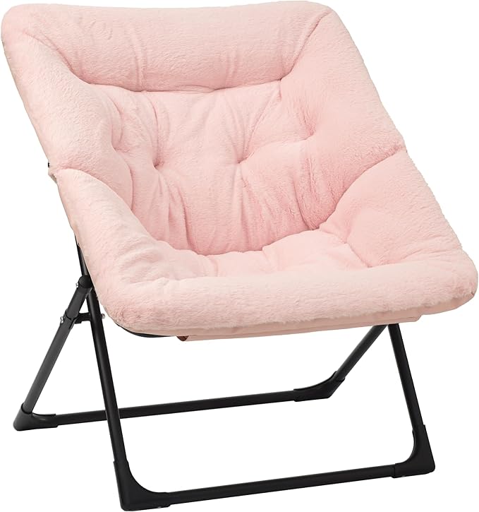 Comfy Saucer Chair for Adults Soft Faux Fur Bedroom Chair Accent Dorm Chairs Flexible Living Room Reading Chairs Oversized Folding Seat for Teens X-Large Light Pink