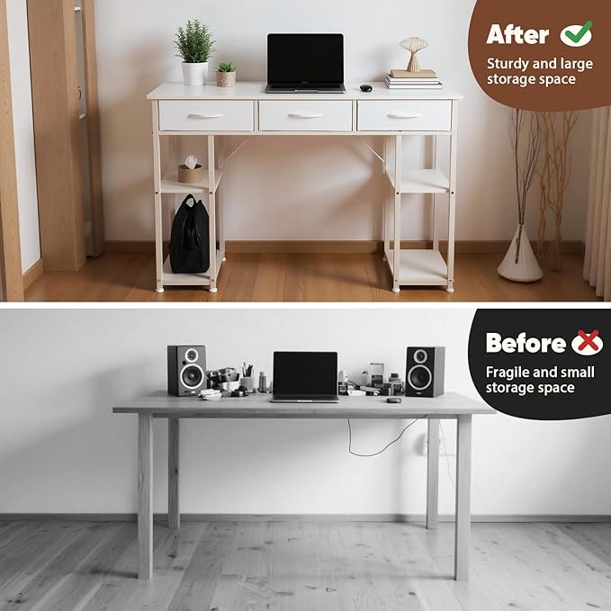 FAHKNS 47 Inch Computer Desk with 3 Fabric Drawers Small Computer Table with 4 Storage Shelves Minimalist Style Home Office Desk for Working Studying and Writing White