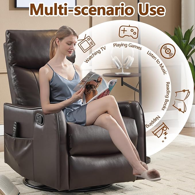 Slim Swivel Rocking Chair Recliner with PocketsLazy Boy Recliners for for AdultsSmall Recliner Chair for Small Spaces Manual Reclining Chair for Living Room Bedroom (Brown 2)