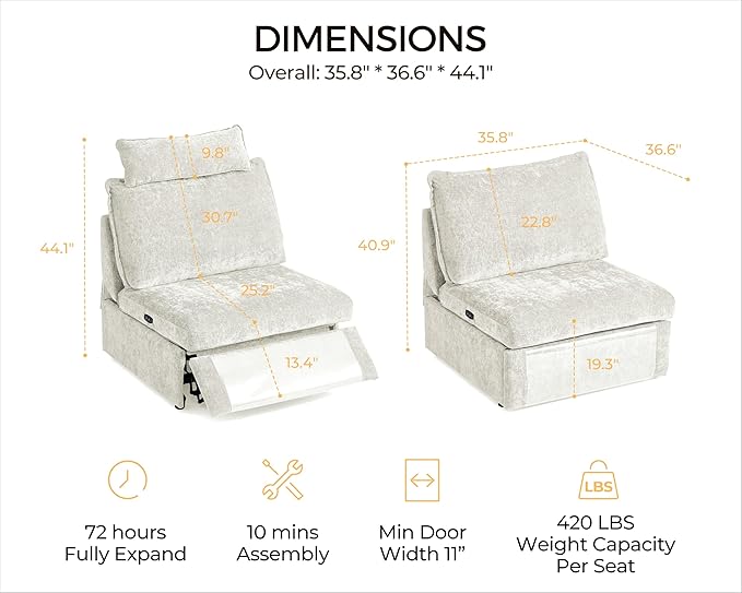Power Recliner Seat for Olar Oversized Modular Sectional Sofa with Removable Headrest for Tall Man Zero-Clearance Electric Home Theater Seating Reclining Sofa Chenille White