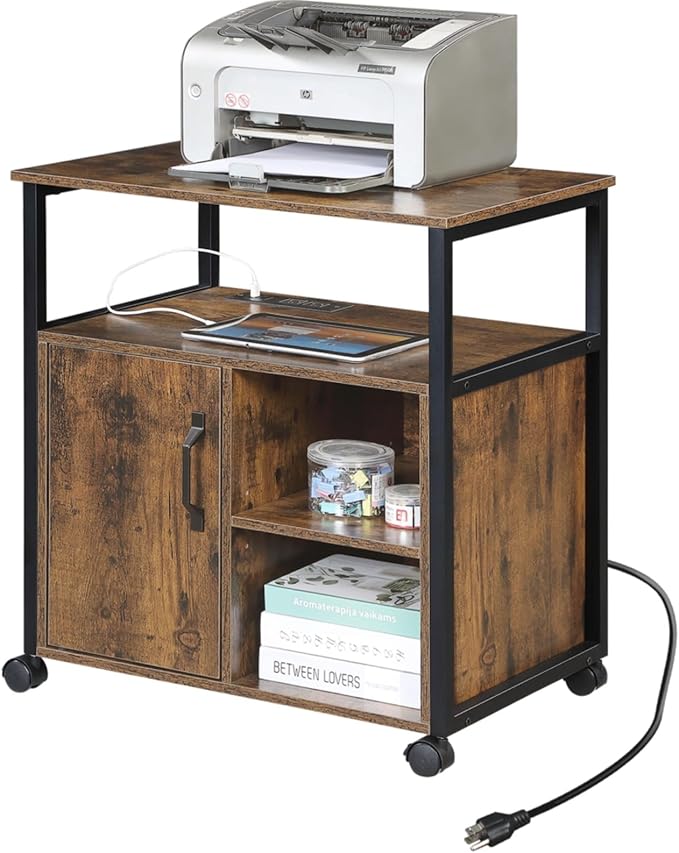 Hassyee Metal Side Frame Office Filing Cabinets with Socket and USB Charging Port Printer Stand File Cabinet with Storage for A4 Letter Size Easy Installation