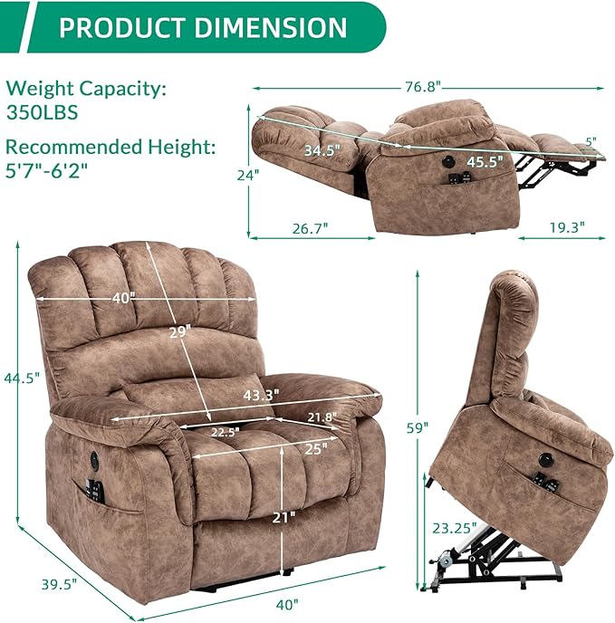 VIVIJASON Tall Man Large Dual Motor Power Lift Recliner Chair with Extended Footrest Overstuffed Lay Flat Sleeper Electric Recliner W/Heat &amp Massage Lumbar Pillow USB &amp Type-C Ports Plush