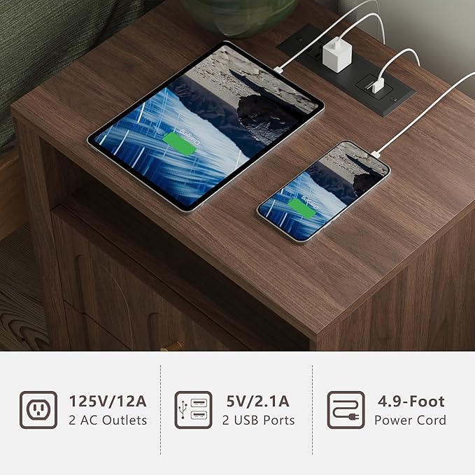 Nightstand with Charging Station Mid Century Modern Nightstand with Arched Design Minimalist End Table with Wood Grain Texture Bedside Table for Bedroom Living Room Sofa Office Walnut