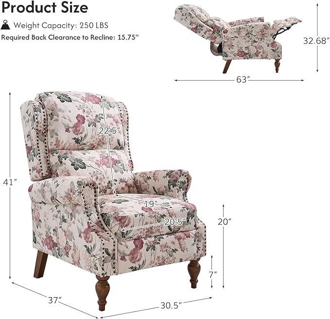 Pushback Recliner Chair Upholstered Floral Fabric Wingback Chair Single Sofa Accent Chair with Lumbar Support and Rivet Decoration for Living Room Bedroom Floral