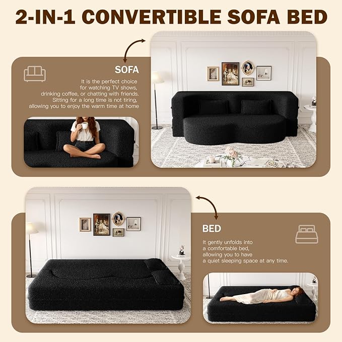 Newfun 78 Convertible Sofa Bed 2 in 1 Folding Couch Bed Futon Sofa Bed with Two Pillows Loveseat Sofa for Living Room Bedroom Lounge Compressed Modern Sofa No Assembly Required (Black)