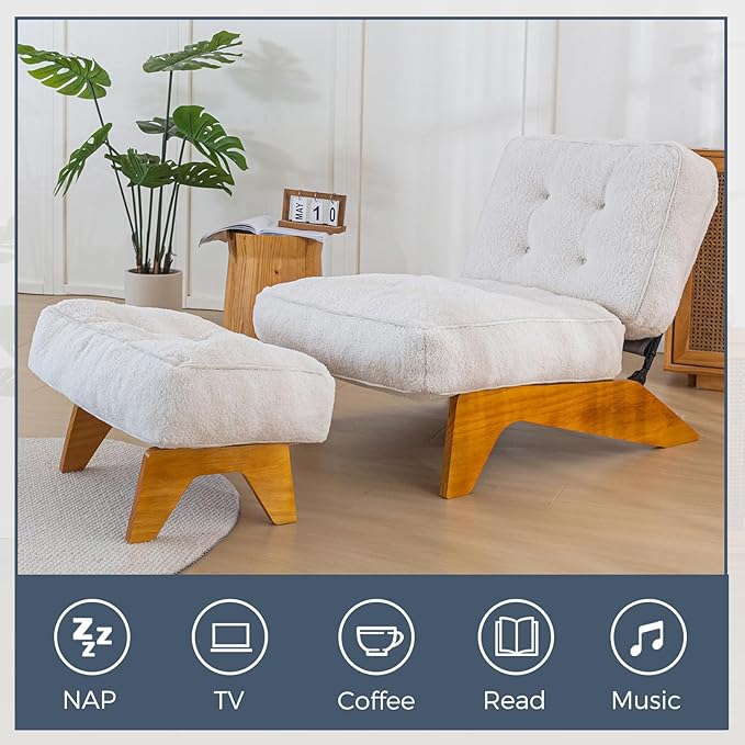 MAXYOYO Adjustable Accent Chair with Ottoman Thick Cushion Seated Lounge Chair Reclining Chair for Living Room Cozy Recliner and Footrest Set Beige