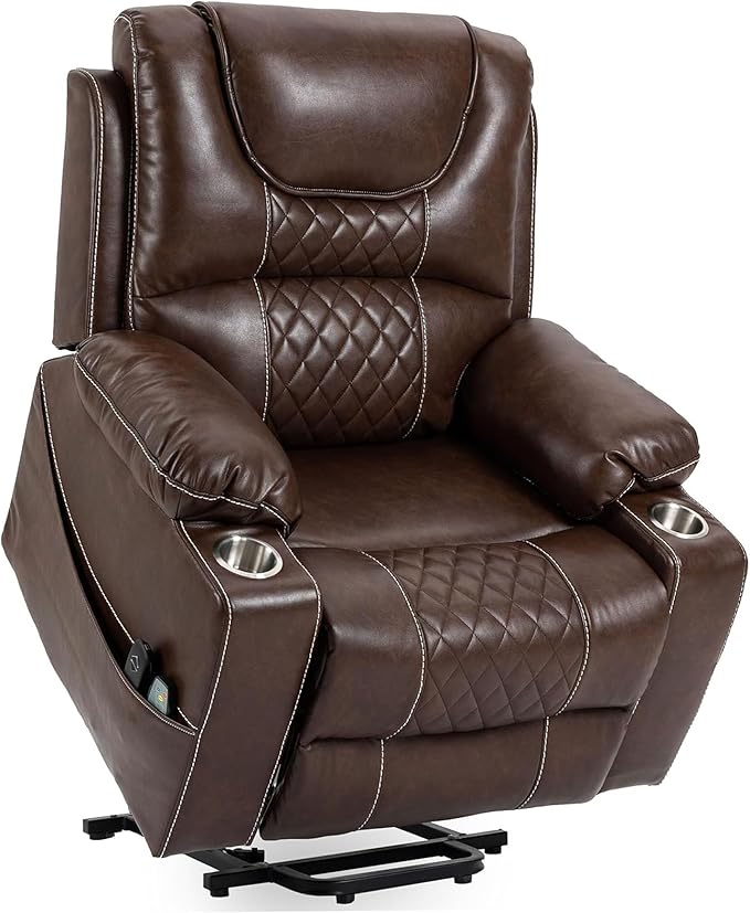 Oversized Power Lift Recliner Chair for Big and Tall 400 LBS Dual Motor Electric Recliner with Heat &amp Massage Zero Gravity Leather Sofa Chair for Living Room Home Theater Brown