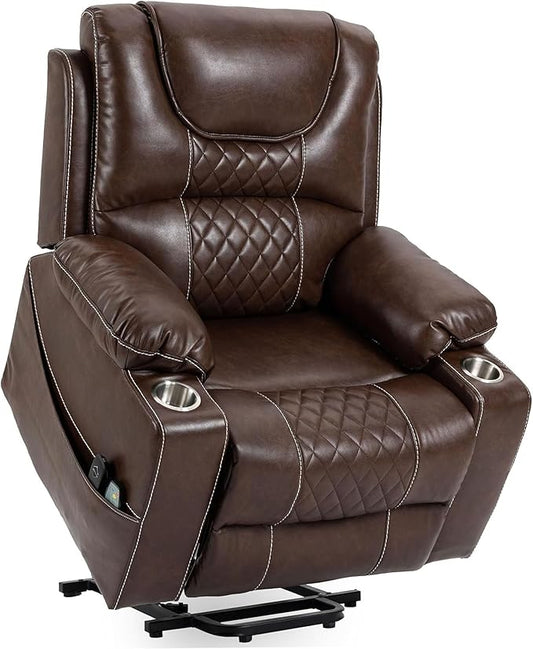Oversized Power Lift Recliner Chair for Big and Tall 400 LBS Dual Motor Electric Recliner with Heat &amp Massage Zero Gravity Leather Sofa Chair for Living Room Home Theater Brown