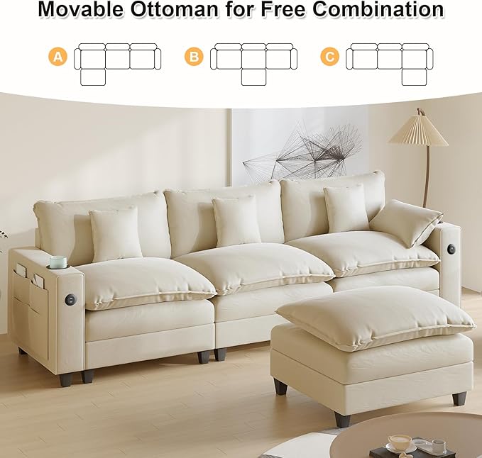 116 Modular L Shaped Cloud Couch Sectional Couches for Living Room with Ottoman Chenille Deep Seat Sofa Cloud Sectional Couch with Charging Station Cup Holder Side Pocket Beige