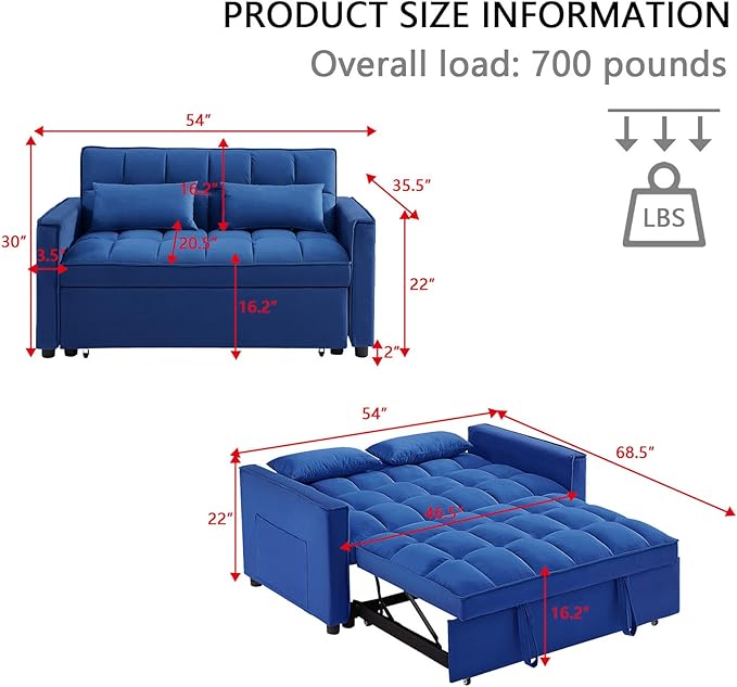 54 Convertible Sofa Bed Velvet Sleeper Sofa with Pull-Out Bed 3-in-1 Futon Couch with Reclining Backrest and Side Pocket Modern Loveseat for Living Room (Dark Blue)