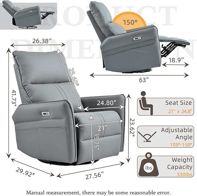 Power Swivel Rocker Recliner Chair for Nursery Upholstered 270° Swivel Glider Rocker Chair with USB Ports Small Power Recliners for Small Spaces Living Room