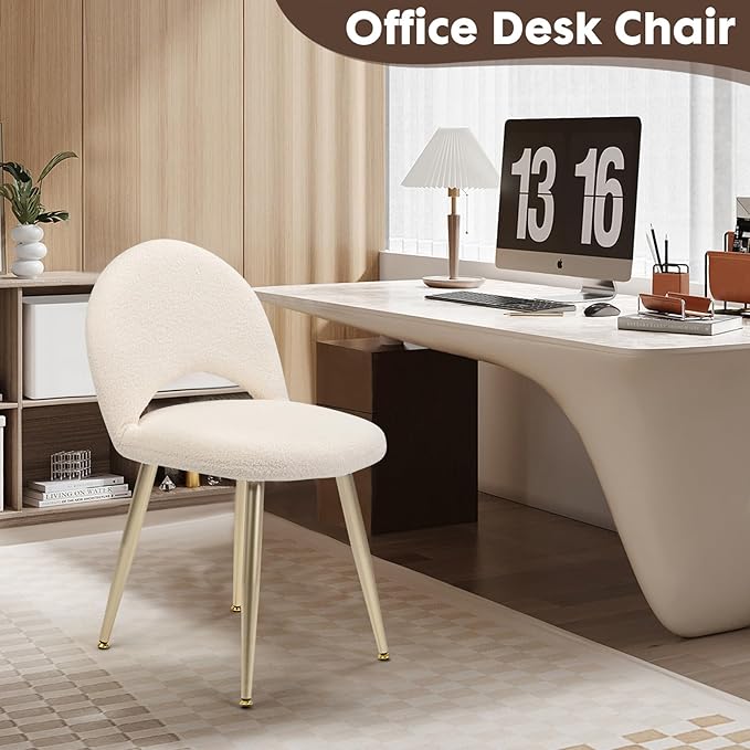 Vanity Chair with Adjustable Backrest Boucle Upholstery Armless Makeup Stool Cream White Sherpa Vanity Stool with Gold Metal Legs for Bedroom Living Room Kitchen Dinning Room(White)