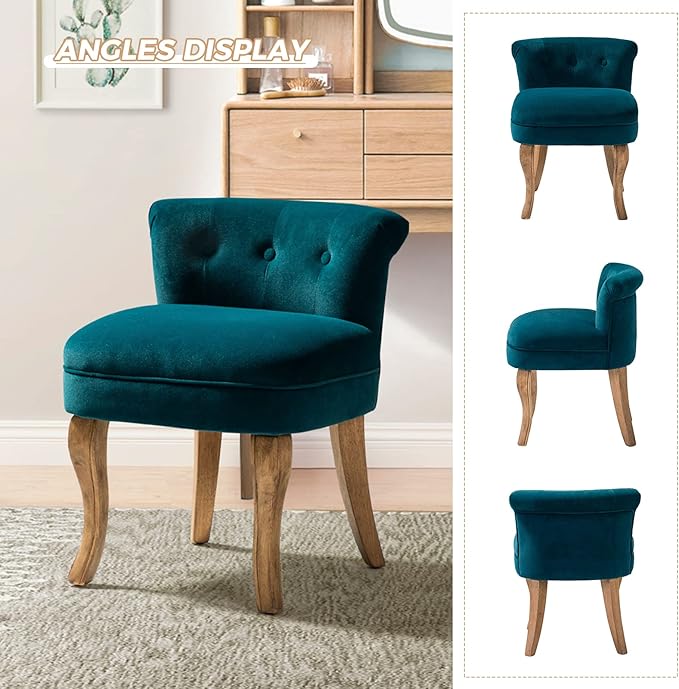 HULALA HOME Velvet Vanity Chairs with Low Back Modern Small Vanity Stool with Solid Wood Legs Upholstered Tufted Makeup Chair for Bedroom Living Room Dressing Women Girls Set of 2 Teal