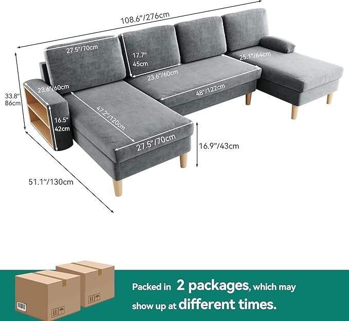 YITAHOME 109 U-Shaped Couch 4-Seat Cloud Sofa with Dual Chaise Lounges Storage Armrest Cup Holder &amp Thick Cushions for Living Room