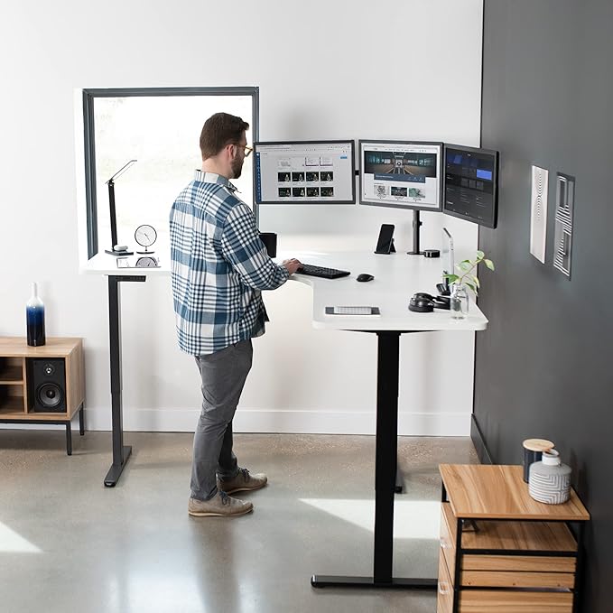 VIVO Electric Height Adjustable 71 x 71 inch Curved Corner Stand Up Desk White Table Top Black Frame Memory Controller L-Shaped Workstation E3C Series DESK-KIT-E3CBW