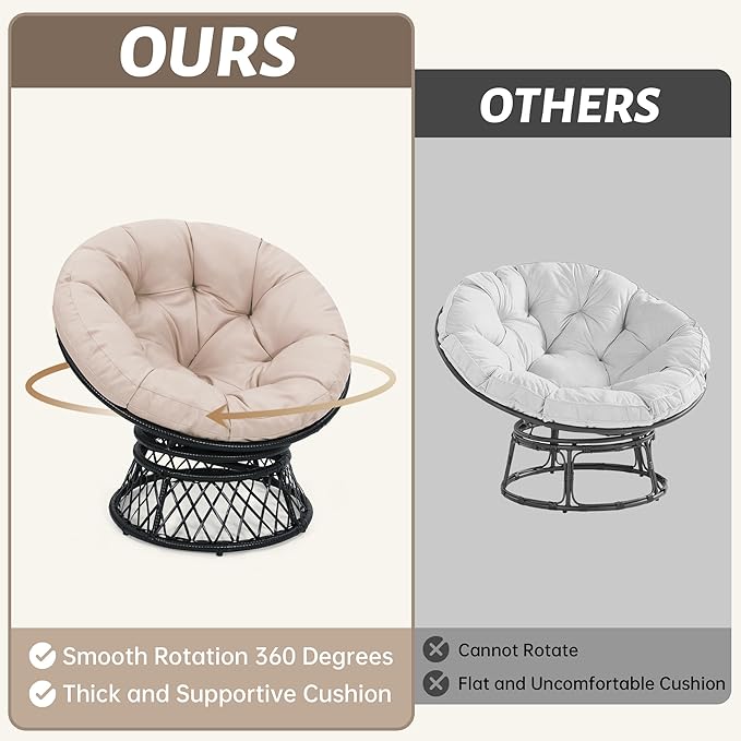 40 Ergonomic Wicker Papasan Chair 360° Swivel Indoor Outdoor Rattan Chair with Soft Thick Cushion Ideal for Living Room Bedroom Reading Room Black Frame with Beige Cushion
