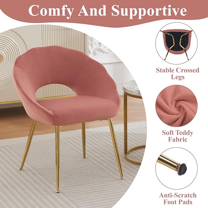 Modern Vanity Chair Living Room Chair with Gold Metal LegsVelvet Dining Chair Comfy Accent Chair for Makeup Room Waiting Room Dressing Room Bedroom Dining Room Home Office(Pink 1PCS)