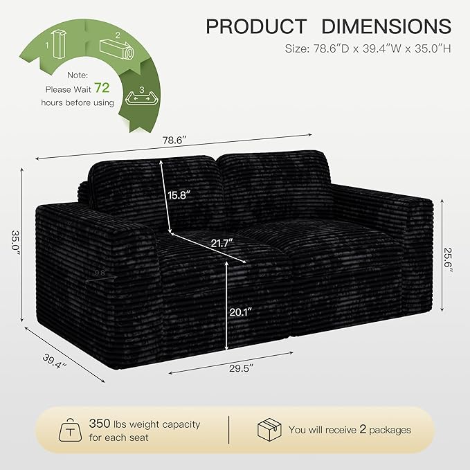 Boneless Loveseat Sofa Plush Corduroy Sectional Couch with Deep Seat Modular Cloud Sectional Couches for Living Room.Black Sofa.