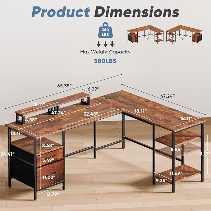 DUMOS 62 Inch L Shaped Gaming Desk with Charging Station &amp 2 Monitor Stands Computer Desk with Drawer &amp Adjustable Storage Shelves Large Corner Desk for Home Office Rust Brown