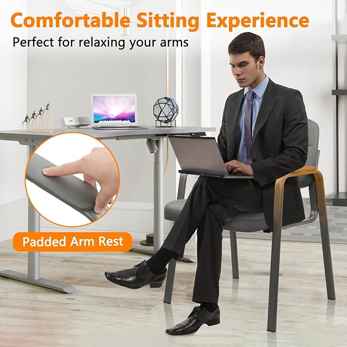 CLATINA Leather Guest Chairs Set of 2 Desk Chair No Wheels Office Reception with Padded Arms for Office Conference Waiting Room Grey
