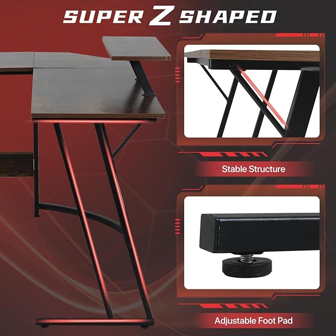 HKLGorg L Shaped Desk Gaming Computer Desk 50.4 Gaming Corner Table with Monitor Stand MDF Board Surface Home Office Table for Working Study Son Boyfriend Gift (Brown)