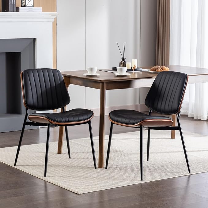 Dining Chairs Set of 2 Mid Century Modern Retro Faux Leather Chair with Walnut Bentwood Back Upholstered Seat Metal Legs Adjustable Foot for Kitchen Dining Room Chairs (Black)