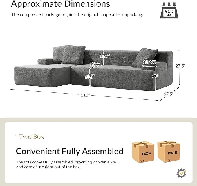 EcoHarbor Living 111 2-Piece Sectional Couch with L-Shape Chaise Modular Cloud Sofa with Deep Seat No Assembly Required Oversized Modern Upholstered Couches for Living Room Apartment Lounge Grey