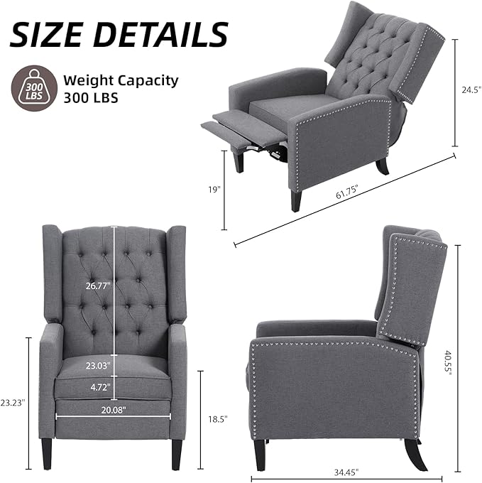 Wing Back Recliner Chair for Living Room Push Back Reclining Chairs Club Accent Chair Lounge Armchair Comfy Fabric Arm Chair with Rivet Decoration Tufted Back Solid Wood Legs Grey