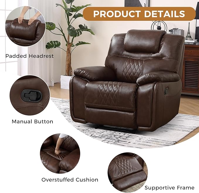 EBELLO Manual Recliner Chair Genuine Leather Reclining Sofa Chair Couch for Living Room Bedroom Furniture Meeting Room Single Couch with Comfortable Armrest and Backrest Brown