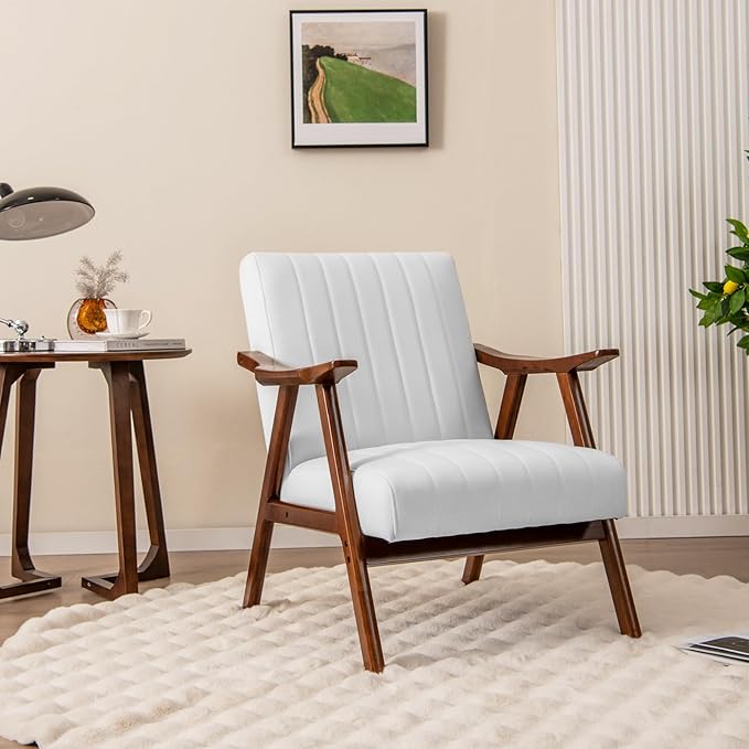 GORELAX Mid Century Modern Accent Chair Upholstered Lounge Armchair with Rubber Wood Frame Comfy Reading Chair for Living Room Bedroom Office Reception Room (2 Beige)
